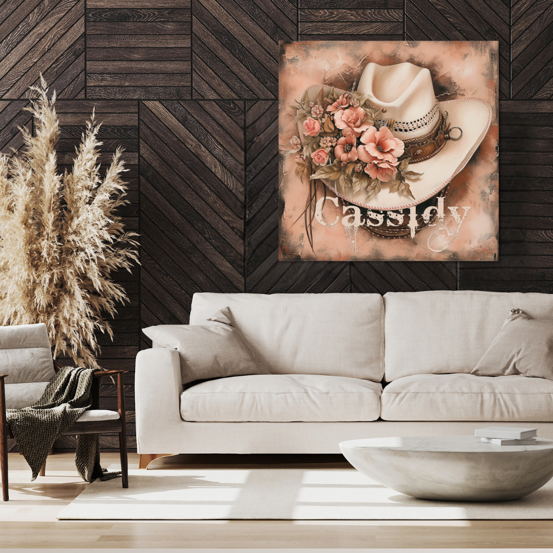 Cassidy Personalized Western Canvas featuring a cowgirl hat with pink florals and a rustic peach background.