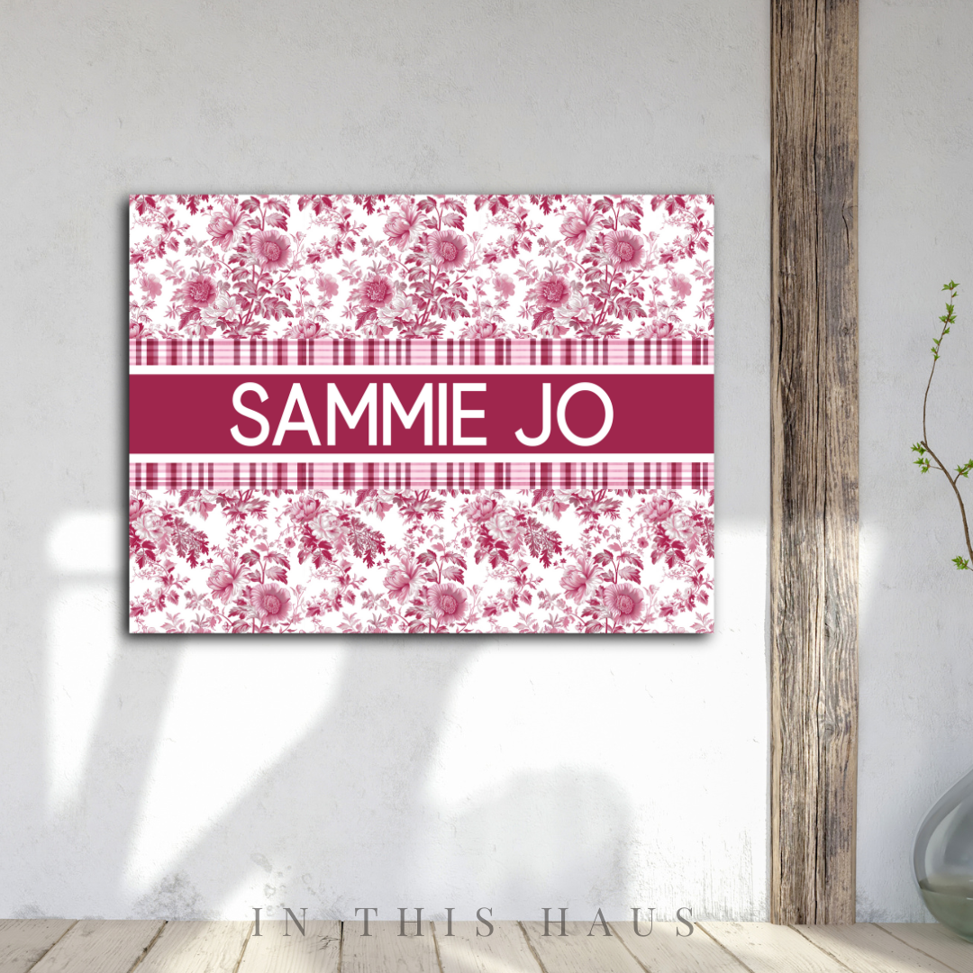Personalized toile canvas featuring the name Sammie Jo in a vintage French-inspired floral pattern.
