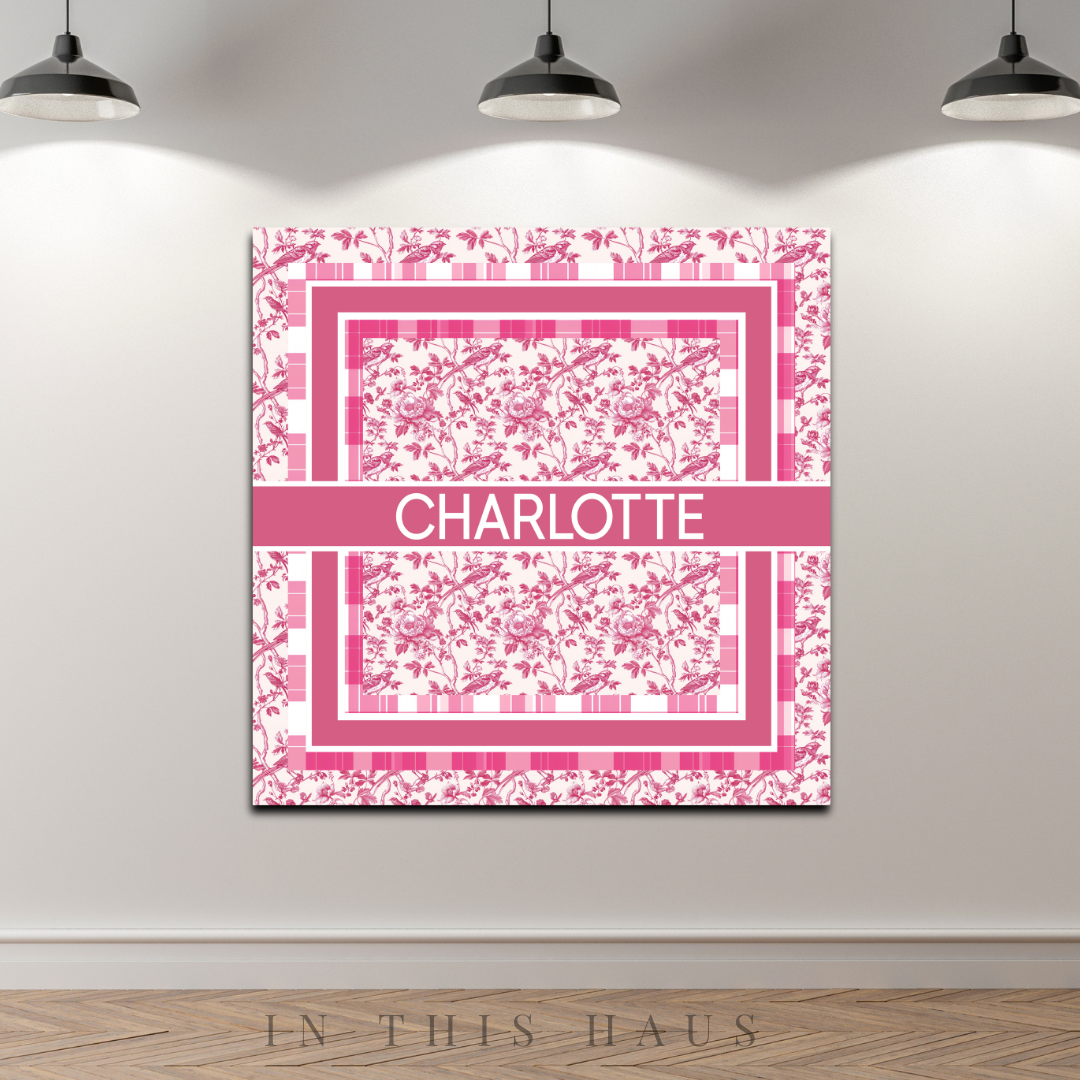 Personalized Pink Toile and Plaid Canvas | Elegant Vintage Name Sign