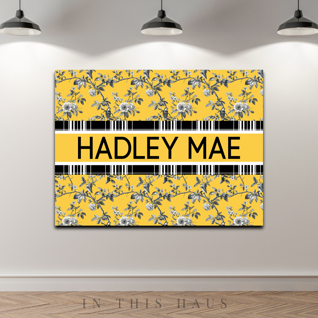 Gift-ready packaging for the Hadley Mae Yellow Toile Canvas, perfect for weddings or housewarmings.