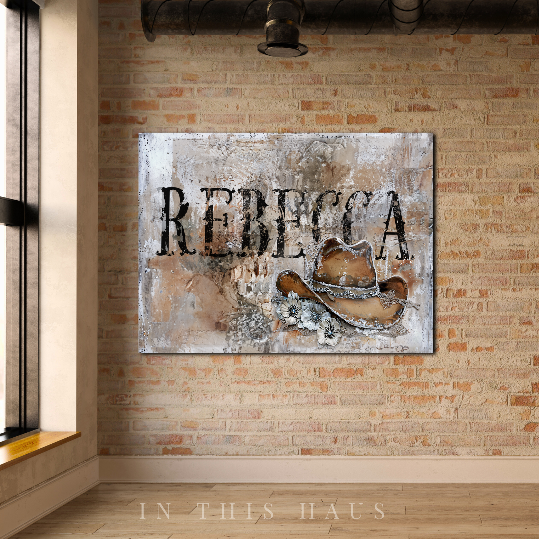 Personalized Name Western Canvas | Rebecca Rustic Cowgirl Hat Design