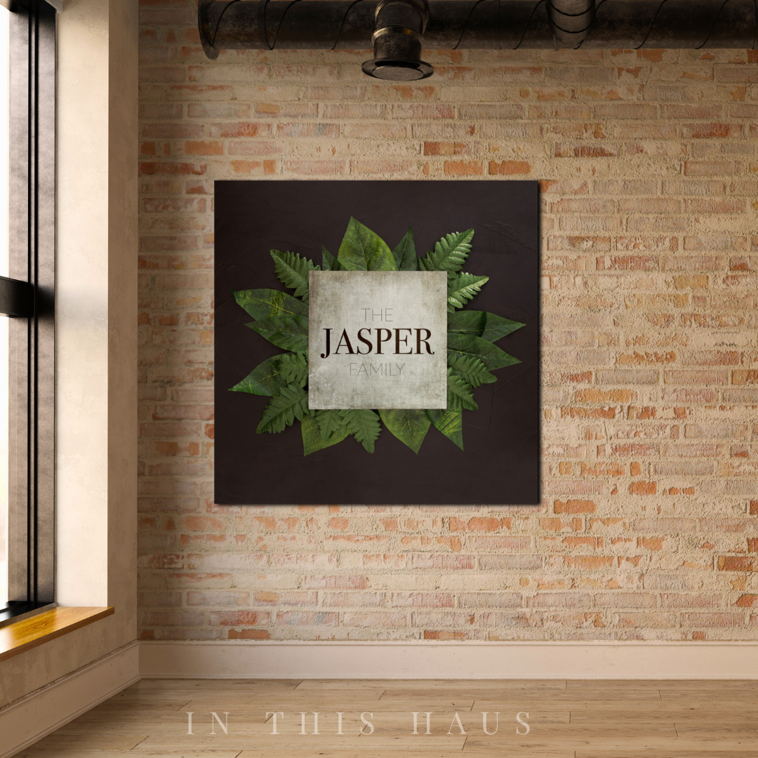 Entryway decor featuring the Personalized Greenery Canvas for a welcoming touch.