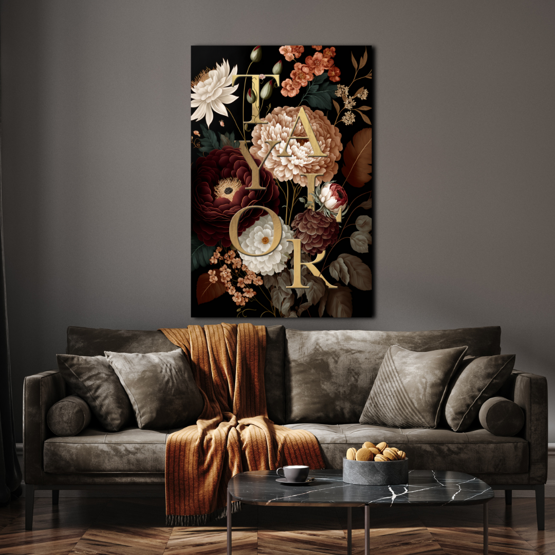 Personalized floral wall art featuring rich botanical details in a vintage-inspired style.