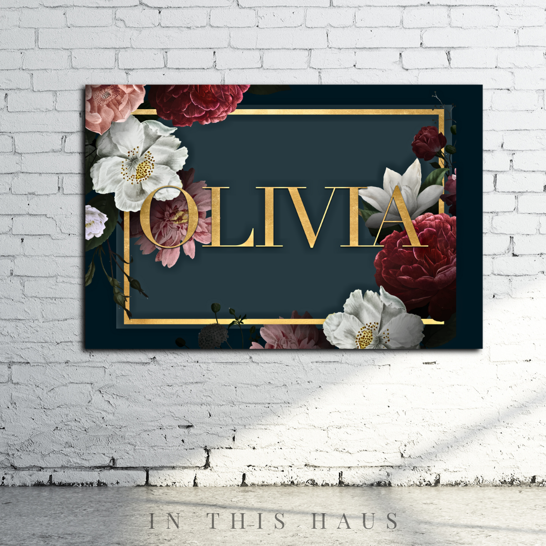 Nursery room featuring the Olivia Personalized Floral Canvas as a centerpiece.