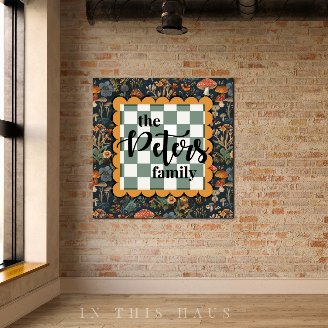 Personalized family plaque with floral mushroom pattern and green checkered design, customizable with family name.