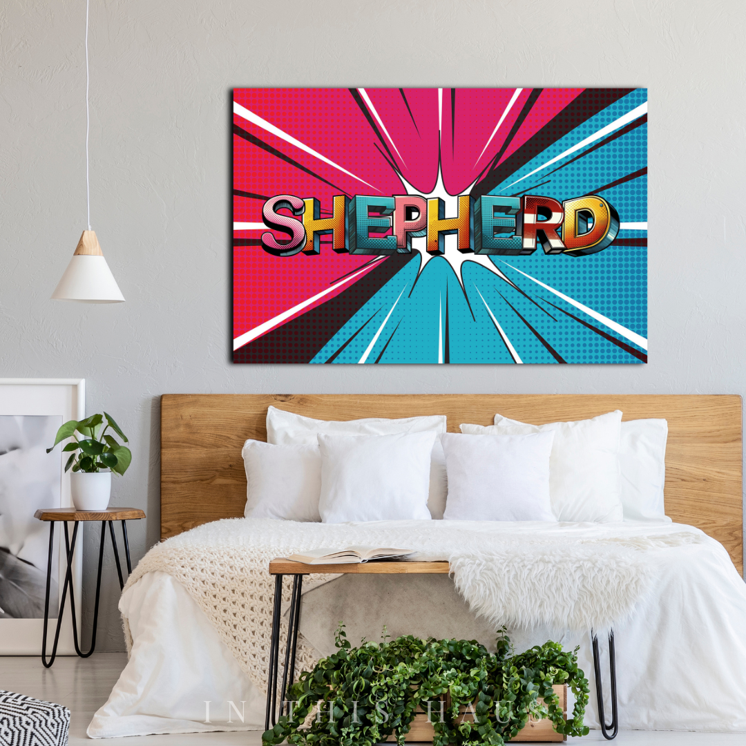 Custom pop-art name sign with bright, high-energy comic book colors.