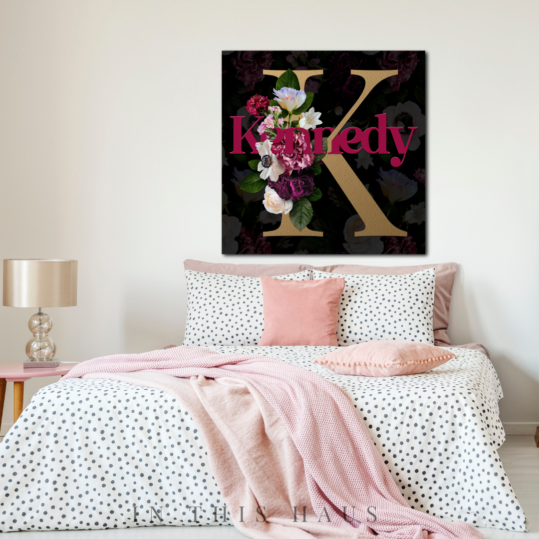 Close-up of the name and gold monogram on the floral canvas for a bold and timeless look.