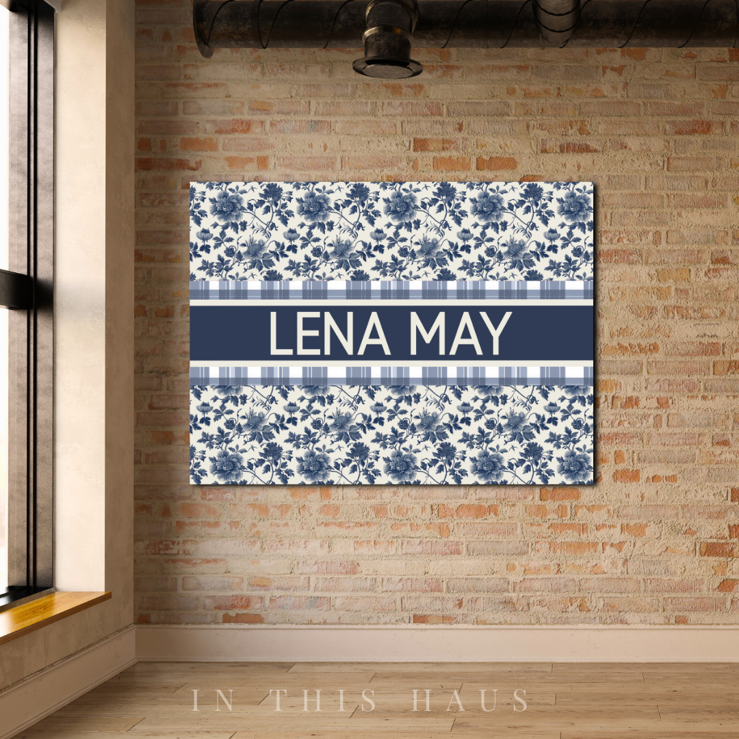 Personalized gift canvas with blue floral and gingham design for rustic decor