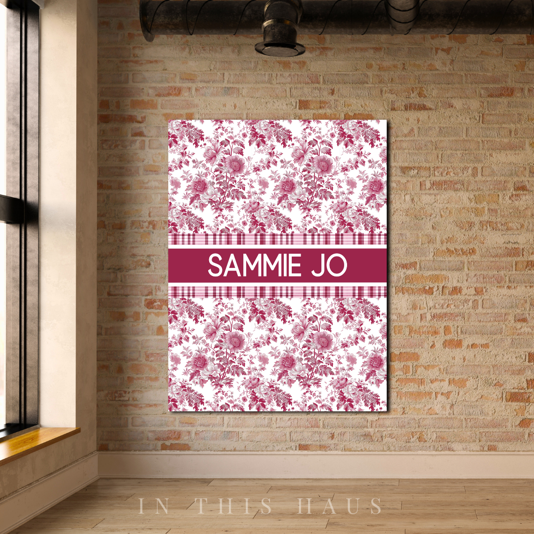 Custom name wall art featuring Sammie Jo in bold white lettering on a vintage pink background
