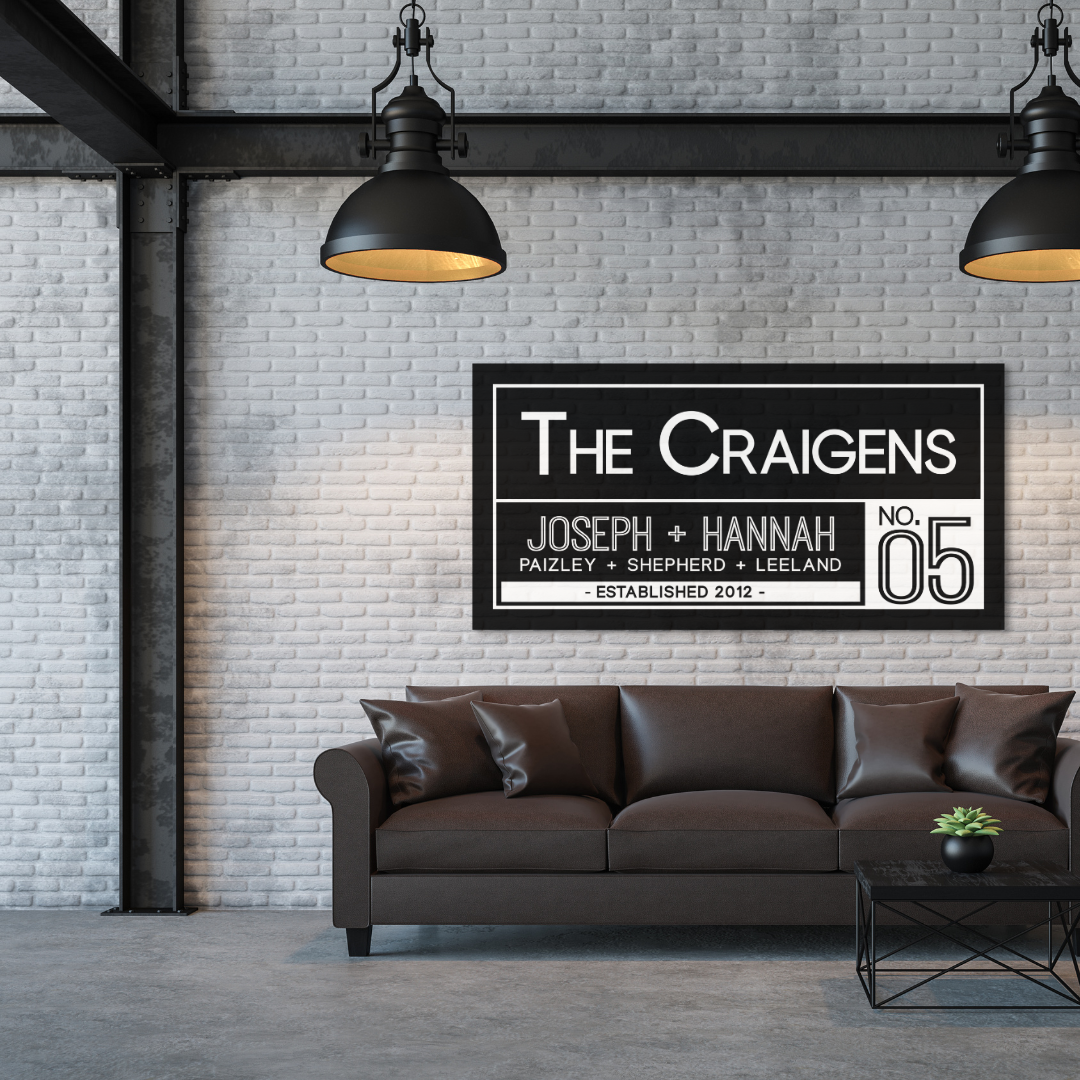 Custom black-and-white wall art featuring the Craigens family and No. 05 design