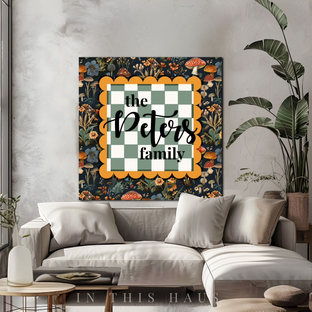 Personalized family plaque with floral mushroom pattern and green checkered design, customizable with family name.