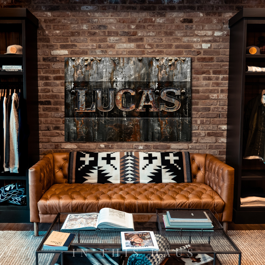 Detailed view of customizable metal letters with a distressed, vintage finish.