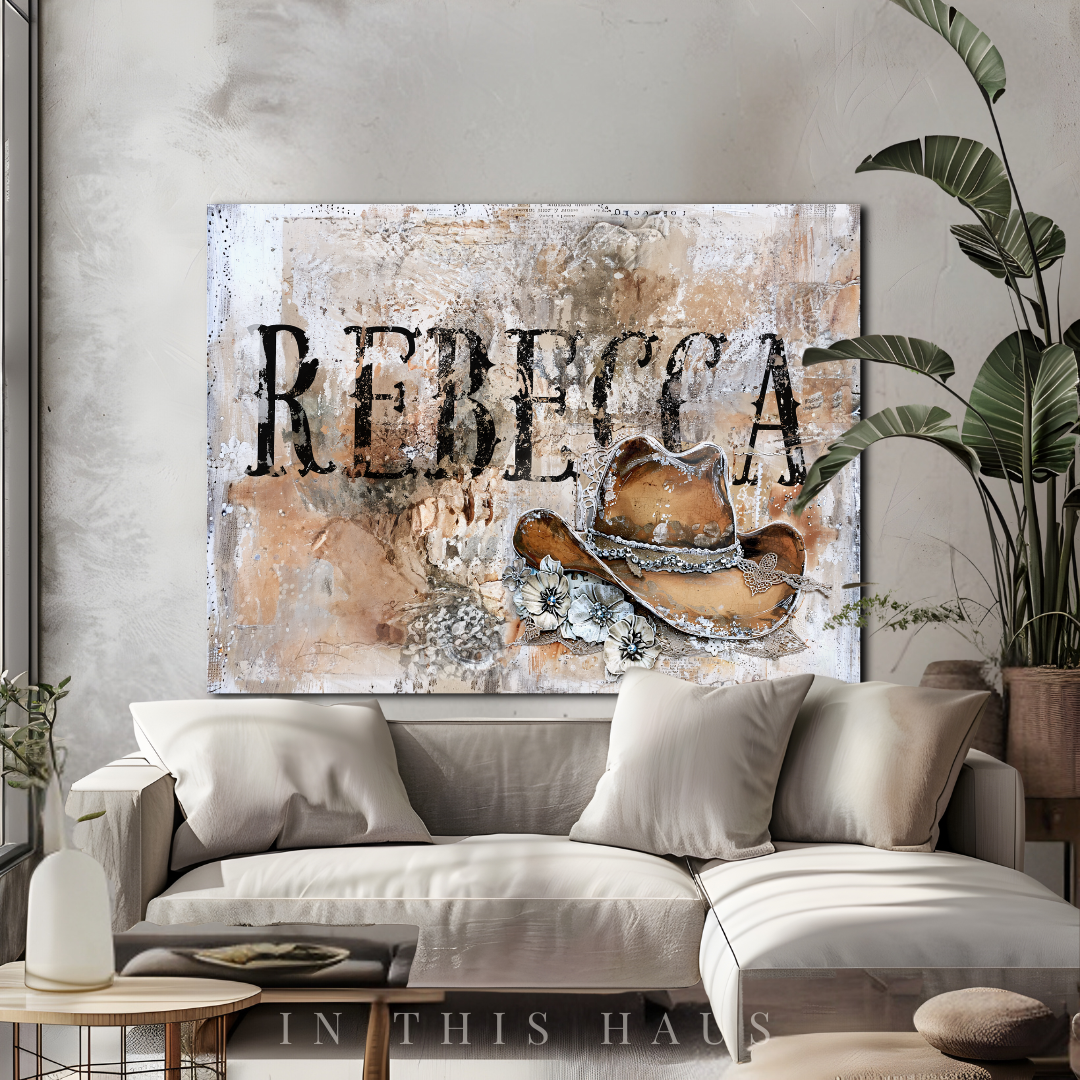 Personalized Name Western Canvas | Rebecca Rustic Cowgirl Hat Design