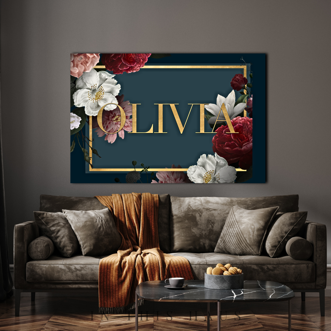 Close-up of the delicate flower illustrations on the Olivia canvas.