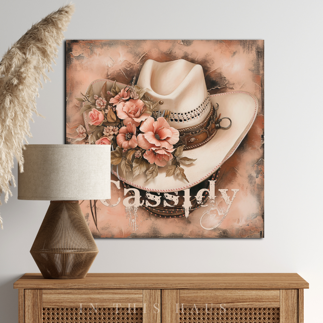 Close-up of the personalized name on the Cassidy Canvas with distressed Western typography.