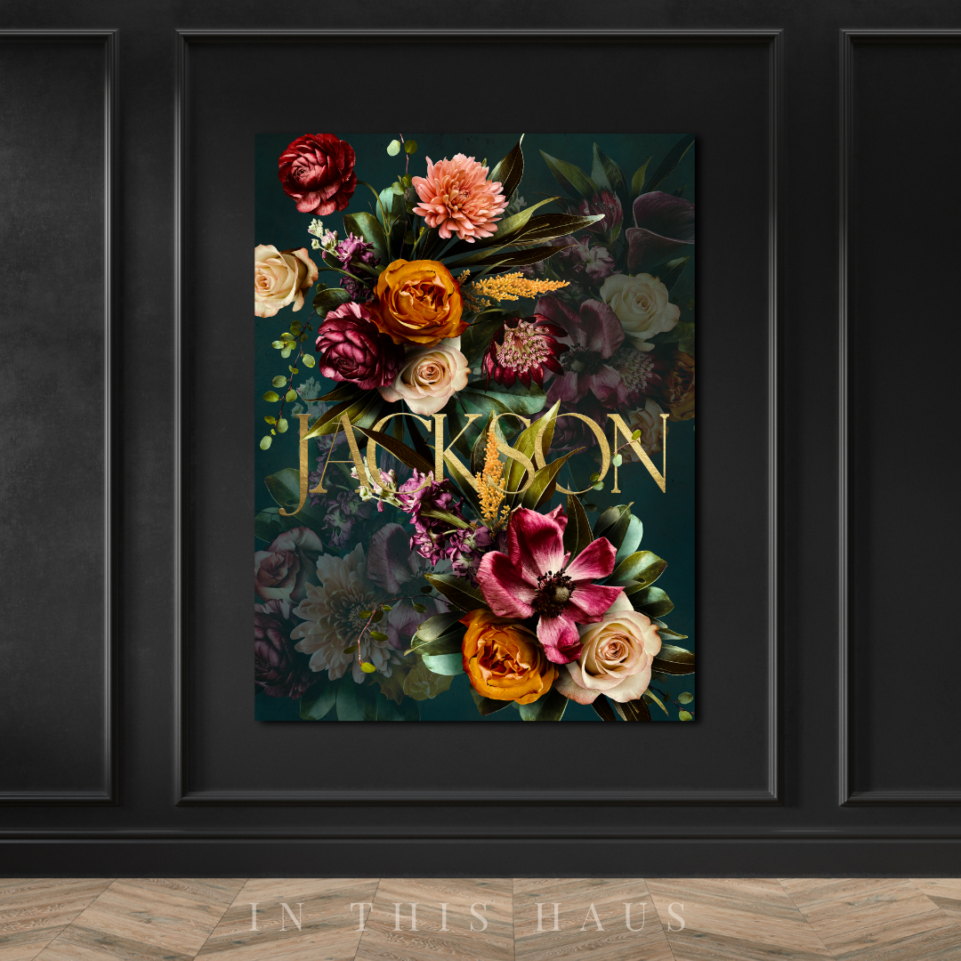 Bedroom decor featuring the Jackson Floral Canvas above the bed for a touch of elegance.