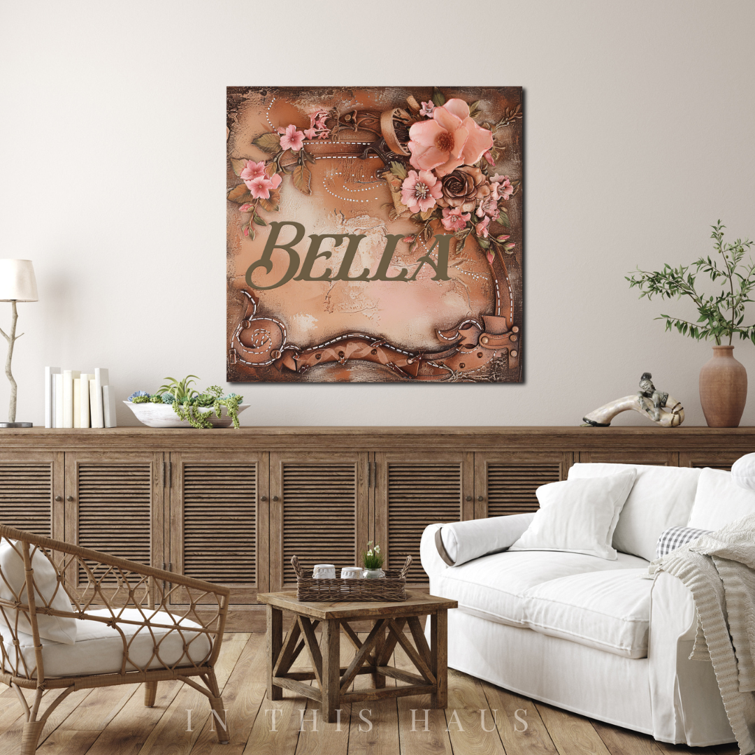 Close-up of the customizable name in bold Western typography on the Bella Canvas.