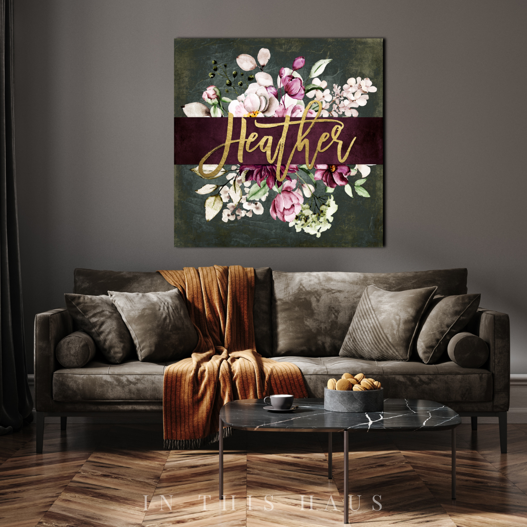 Close-up of the customizable name on the rich floral design canvas.