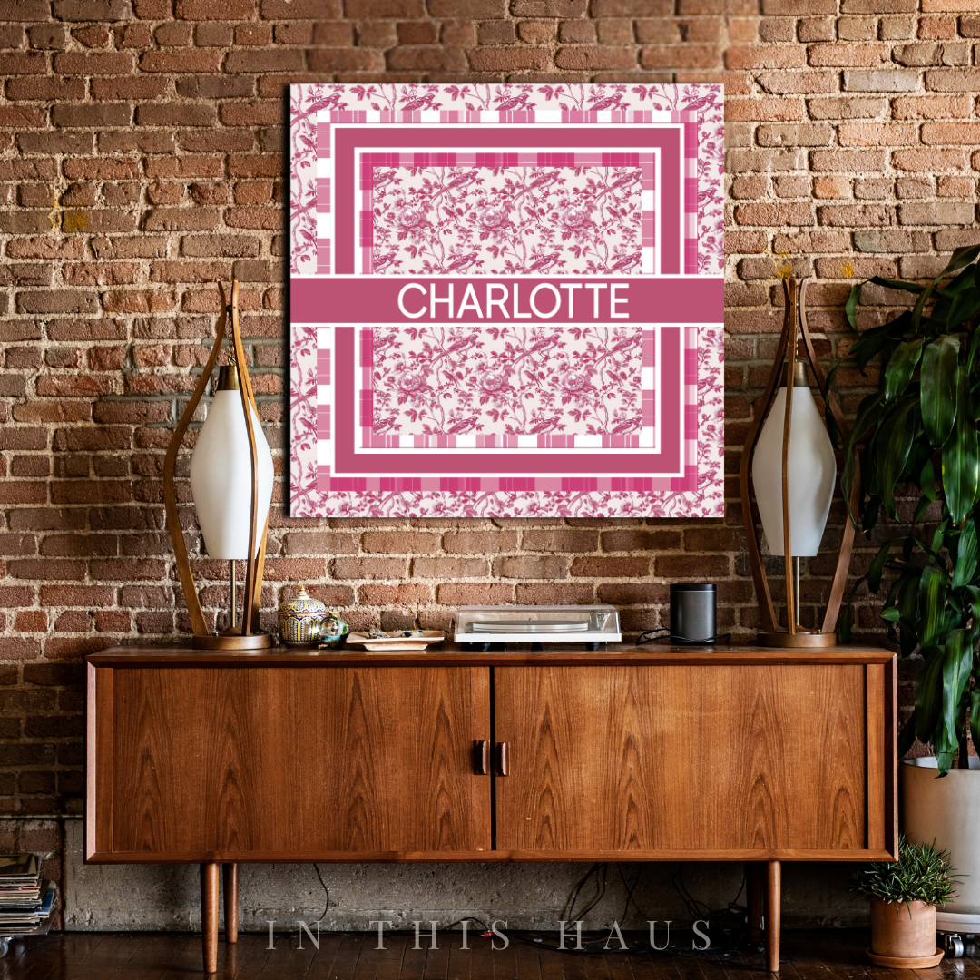 Personalized Pink Toile and Plaid Canvas | Elegant Vintage Name Sign