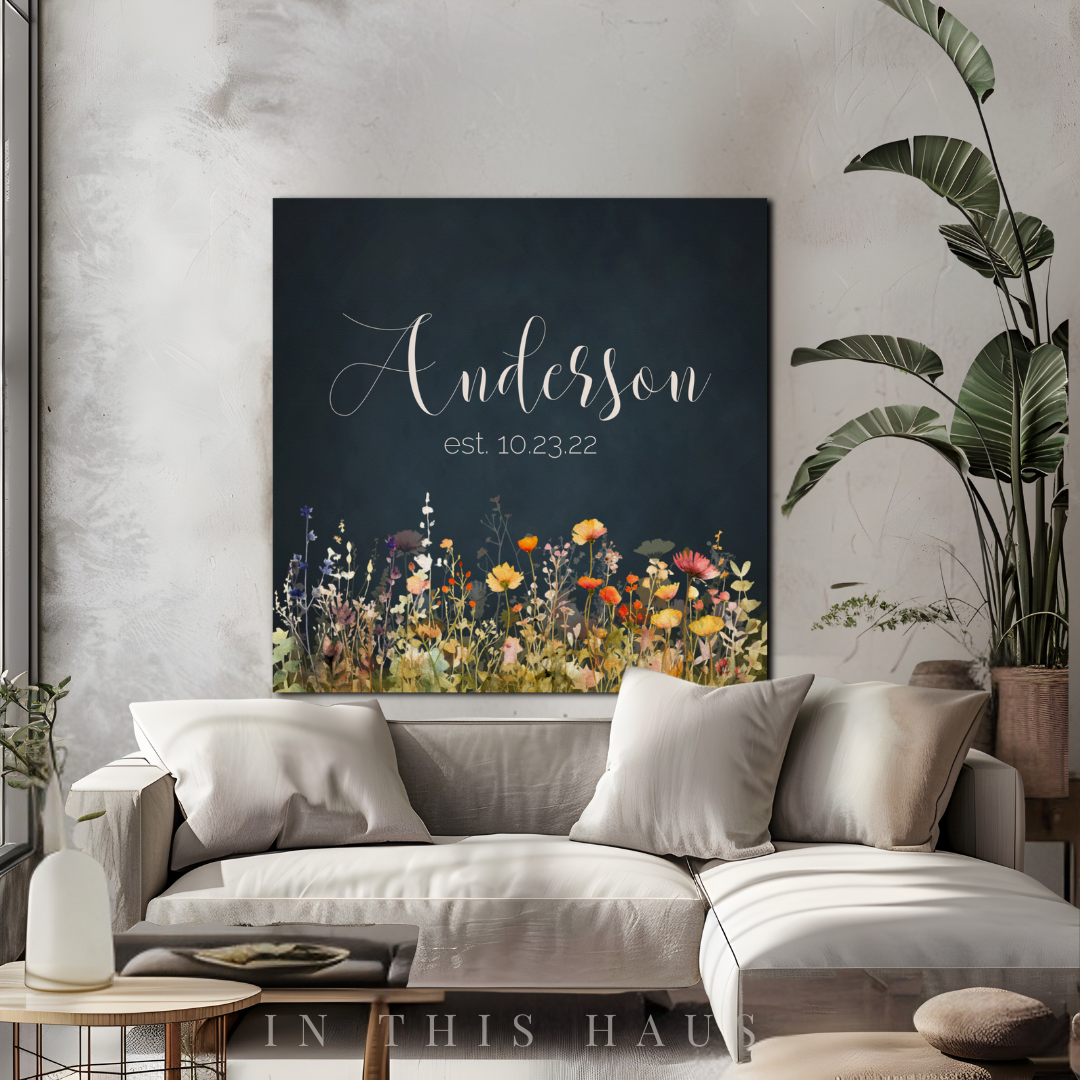 "Dining room styled with the Anderson Last Name Sign for an elegant, nature-inspired touch."