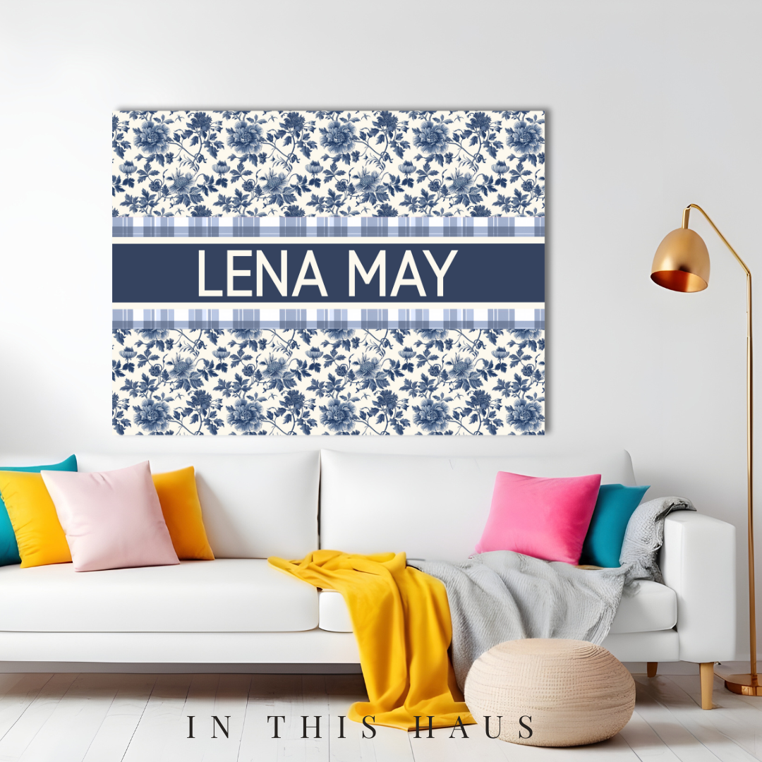 Personalized feminine wall decor with blue florals and gingham accents