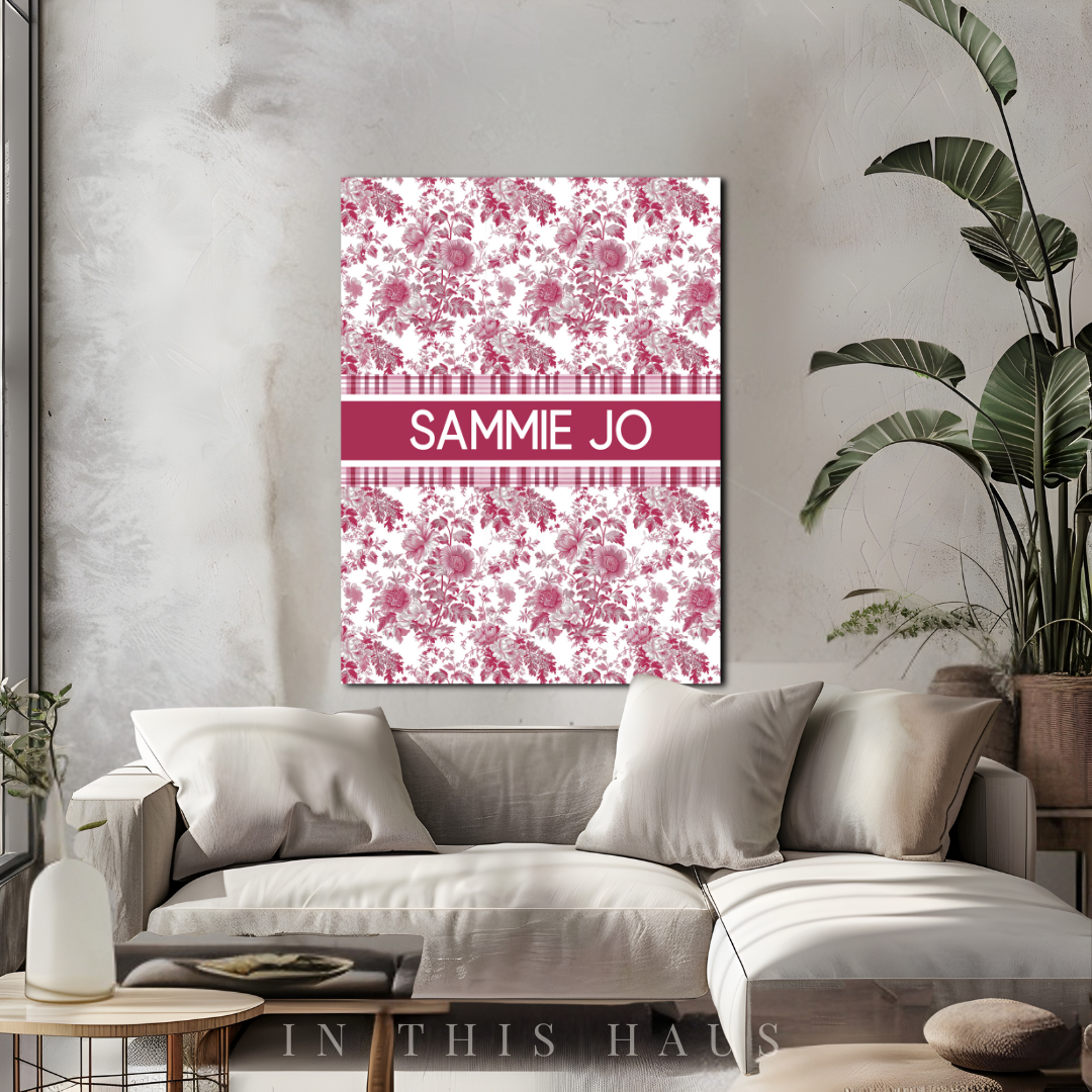 Pink floral and gingham canvas with personalized text for rustic home decor