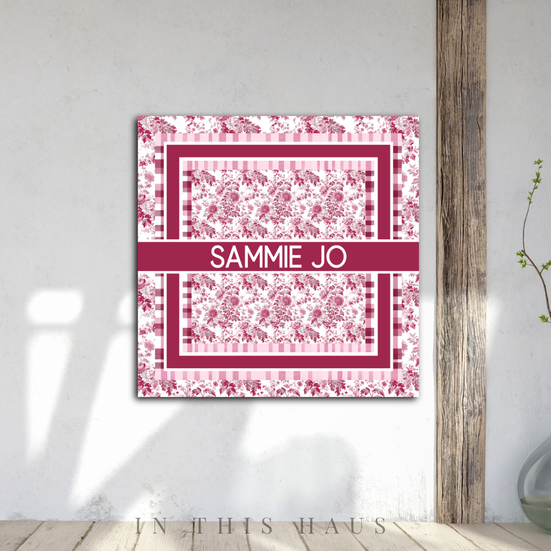 Sammie Jo Pink Toile Canvas featuring custom name on a classic floral and bird design.