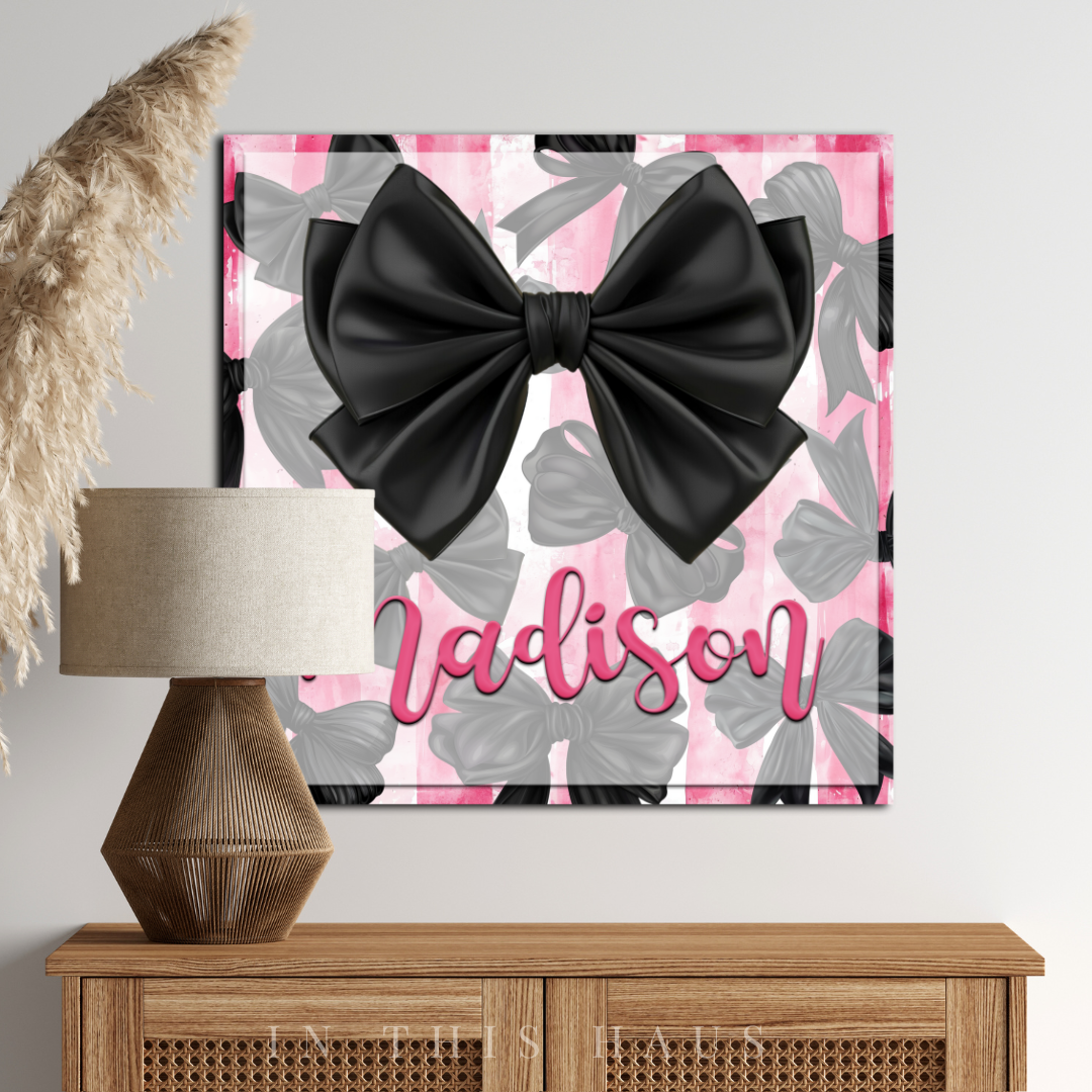 Fashion-forward decor featuring the Madison Black Bow Wall Art in a stylish setup.