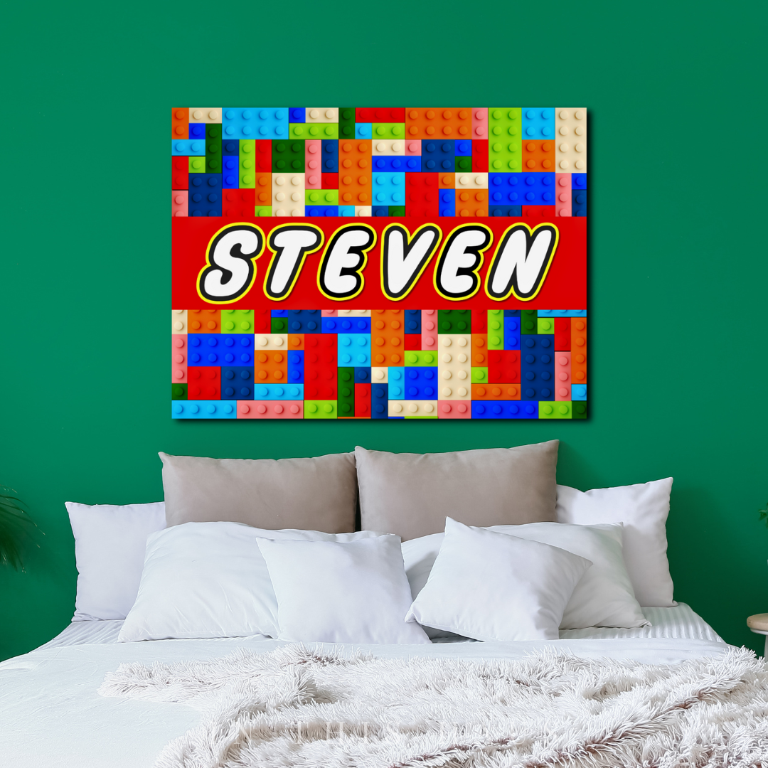 Close-up of personalized name with a bold block-style design.