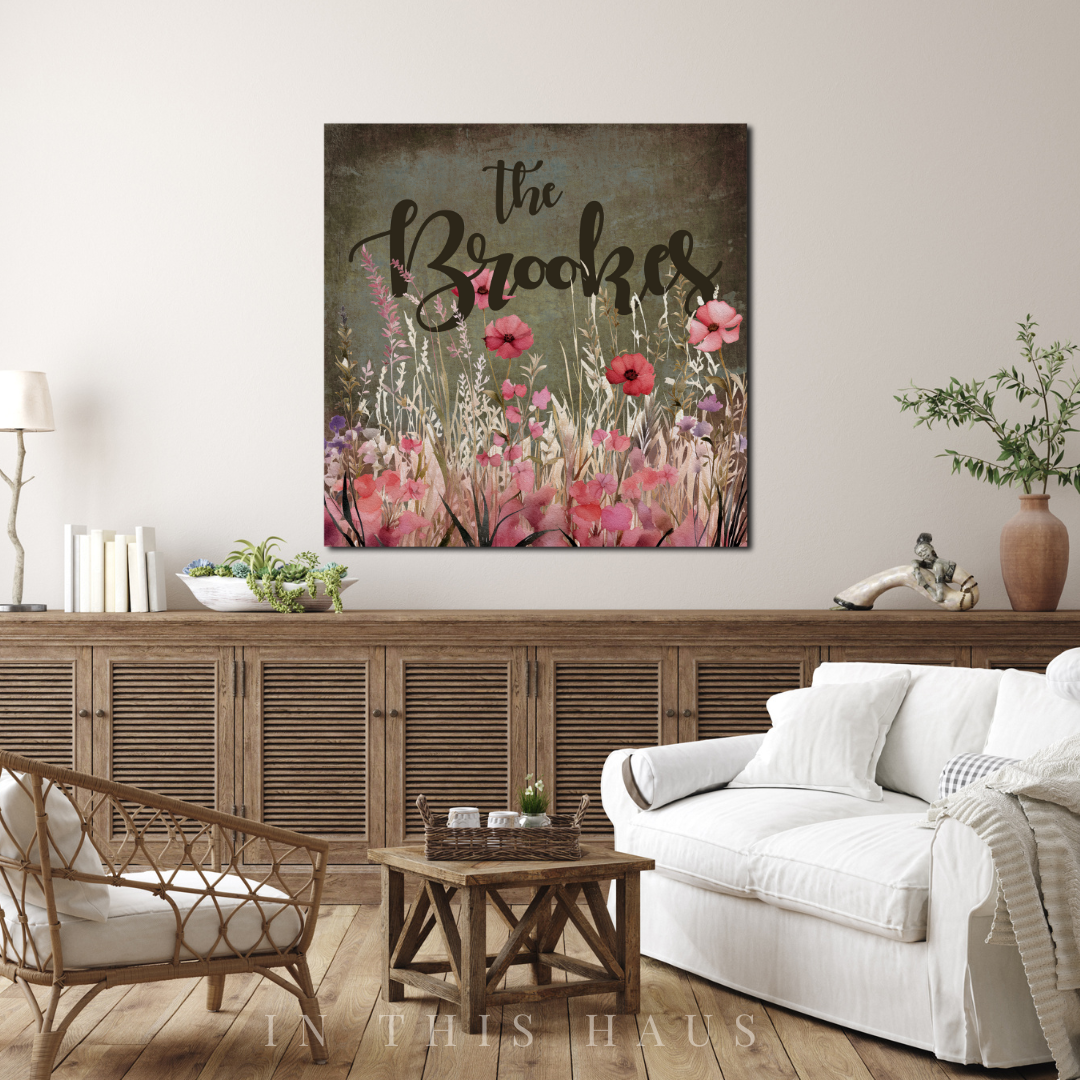 Close-up of the customizable family name on the wildflower art canvas.