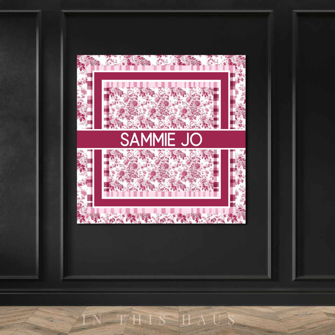 Modern farmhouse decor styled with the Sammie Jo Pink Toile Canvas.