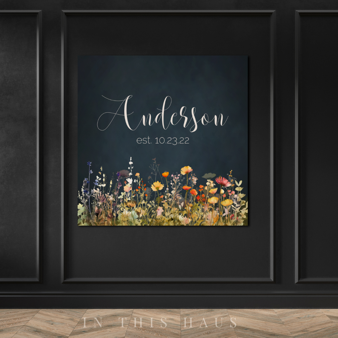 "Close-up of the customizable family name and established date on the Wildflower Canvas."