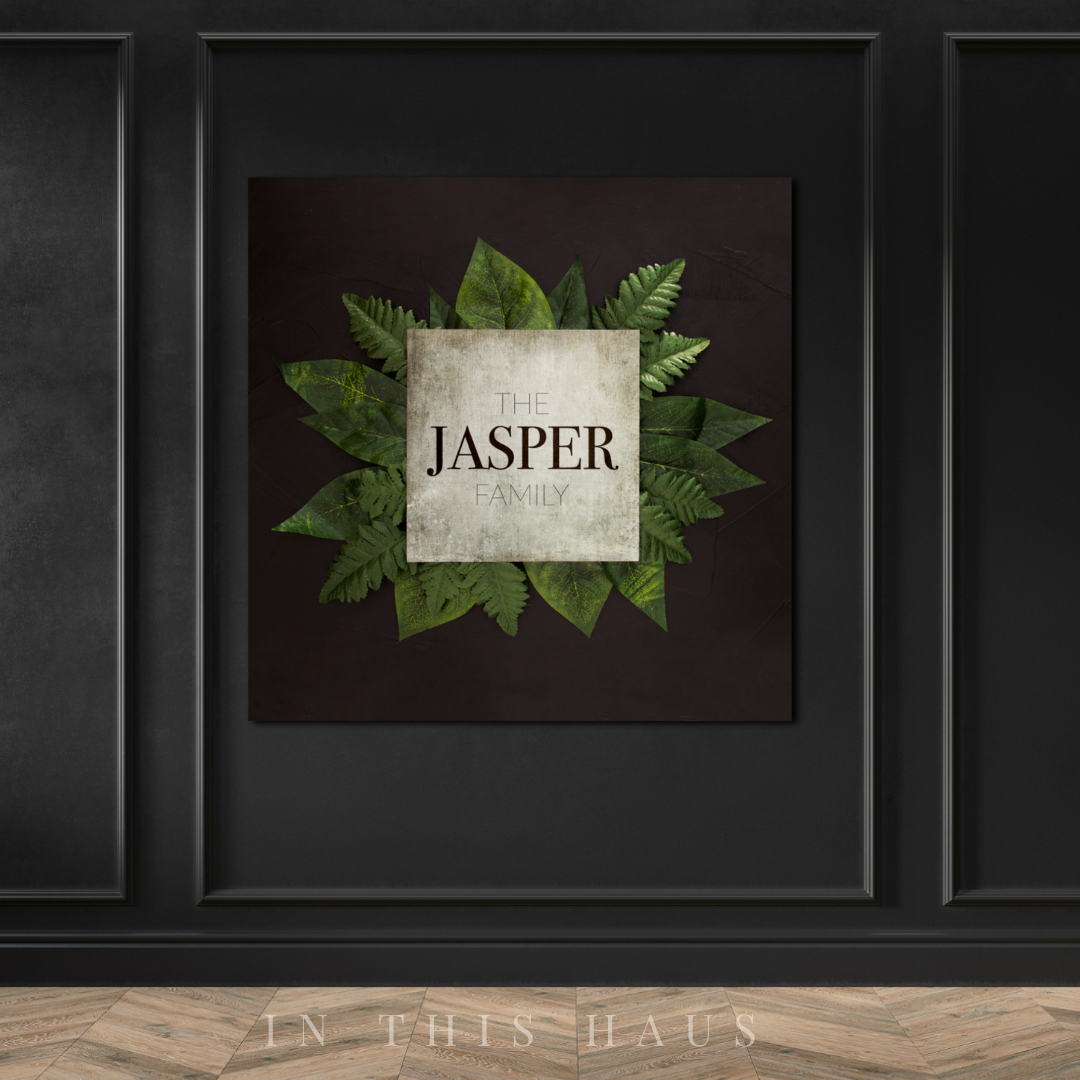 Close-up of the customizable family name on the Jasper Canvas with rustic textures.