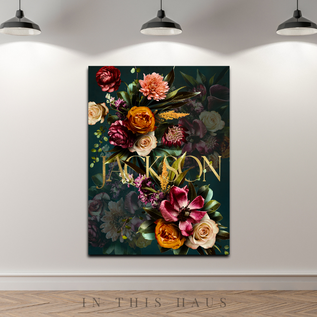 Close-up of the vibrant floral arrangement with gold accents on the Jackson Canvas.