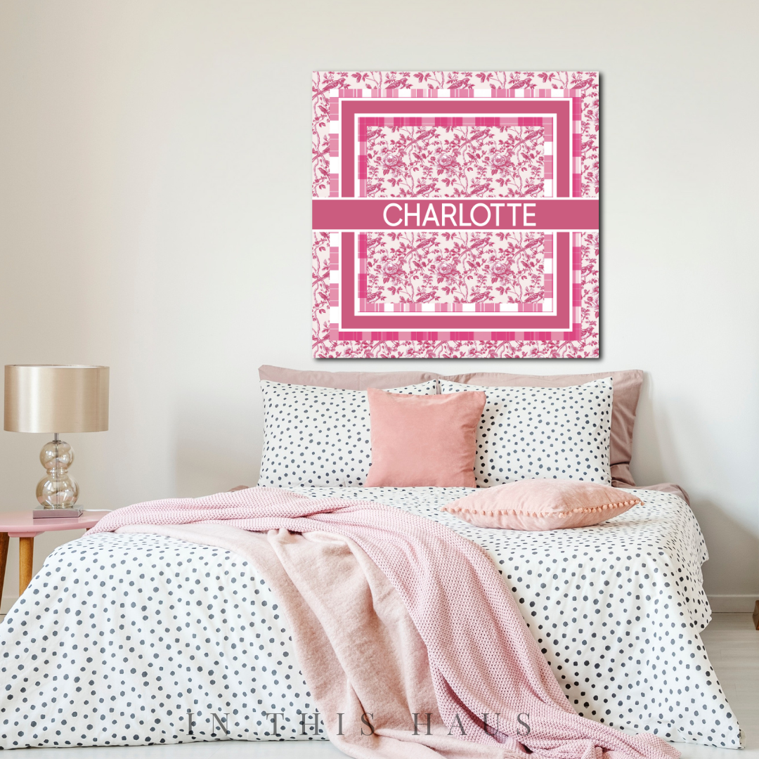 Personalized Pink Toile and Plaid Canvas | Elegant Vintage Name Sign