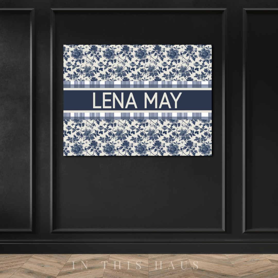 Custom name wall art in a classic blue and white floral and gingham pattern