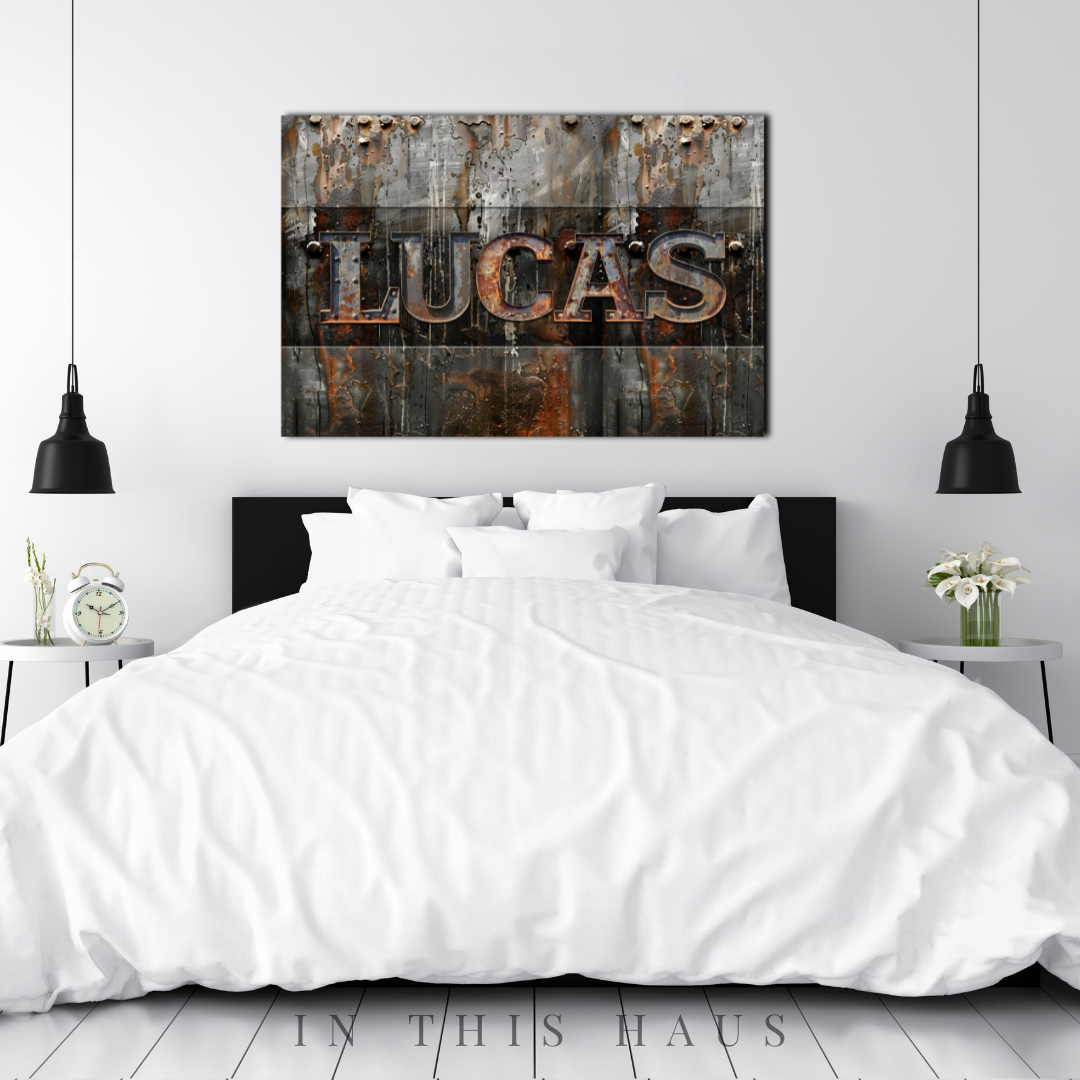 Man cave styled with the industrial metal letters sign as a focal decor element.