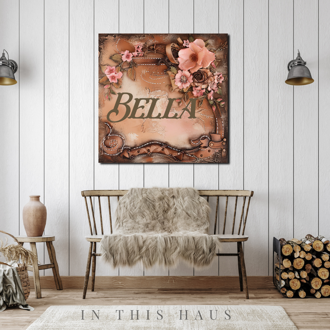 Bella Western Wall Art Canvas featuring rustic textures, floral accents, and a customizable name.