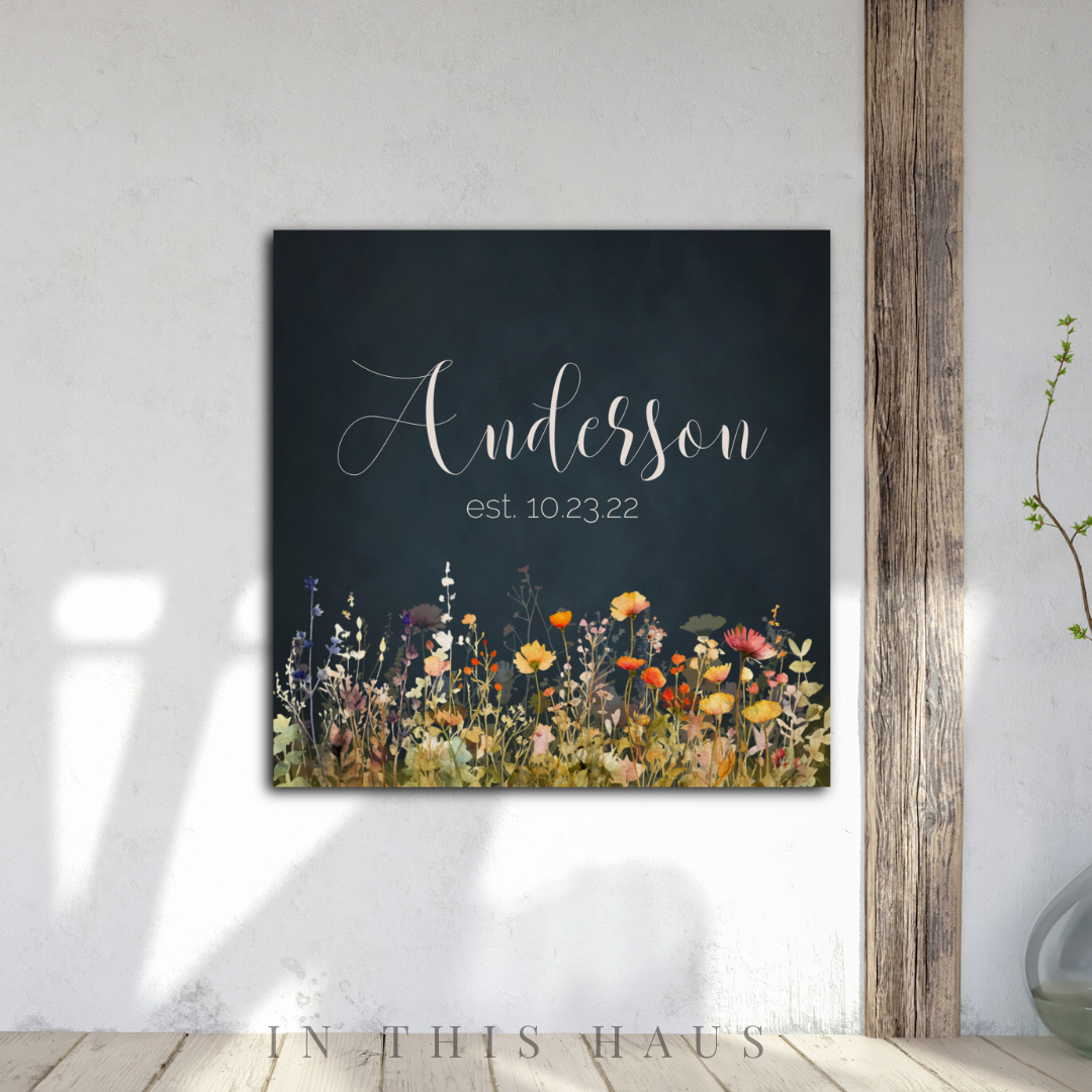 Last Name Sign for Home - Personalized Anderson Wildflower Canvas