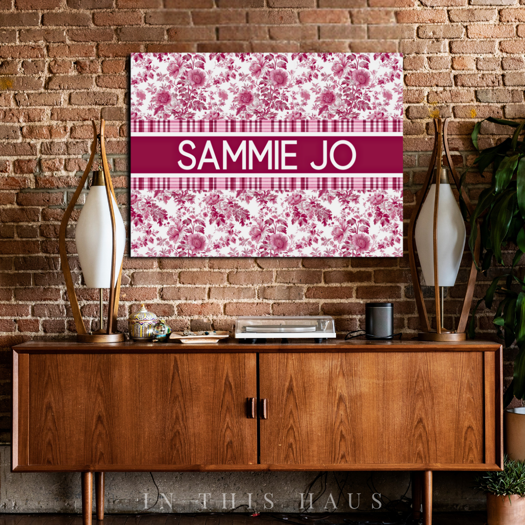 "Soft and feminine pink toile print with customized name detail for a unique decor piece.