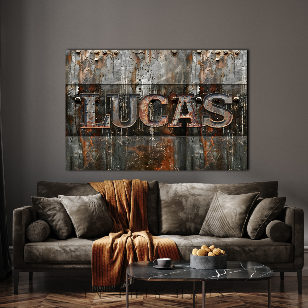 Personalized industrial metal letters sign with customizable text and a distressed finish.