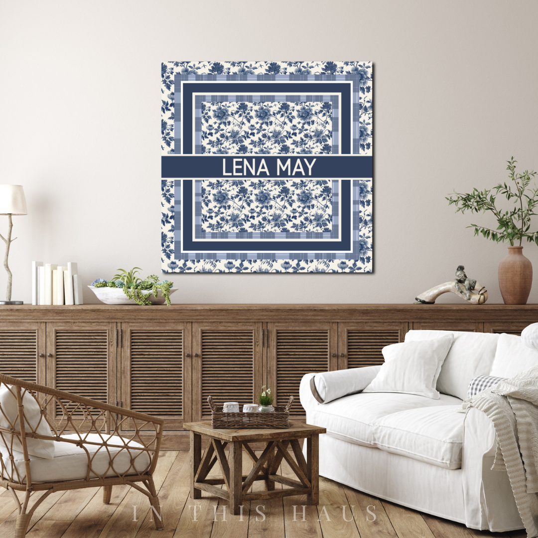 Close-up of the customizable name stripe with bold typography on the Toile Canvas.