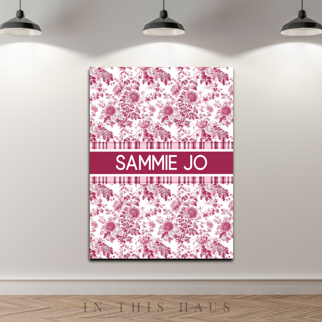 Custom feminine wall art featuring a gingham and floral blend for personalized decor