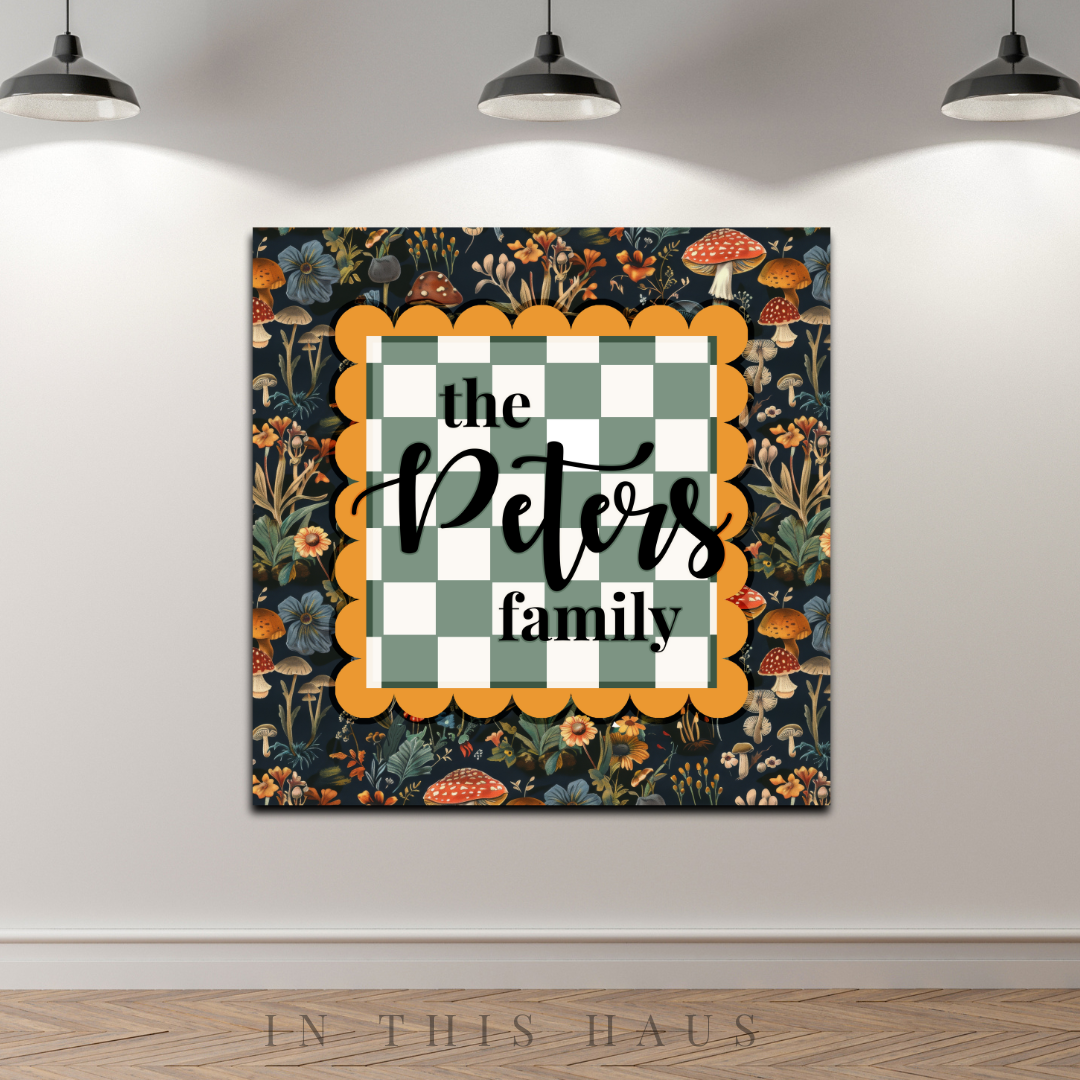 Personalized family plaque with floral mushroom pattern and green checkered design, customizable with family name.