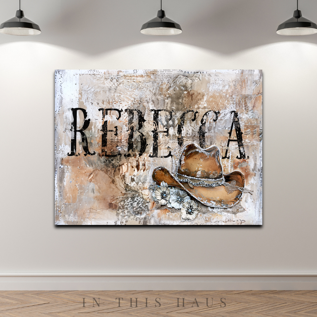 Personalized Name Western Canvas | Rebecca Rustic Cowgirl Hat Design