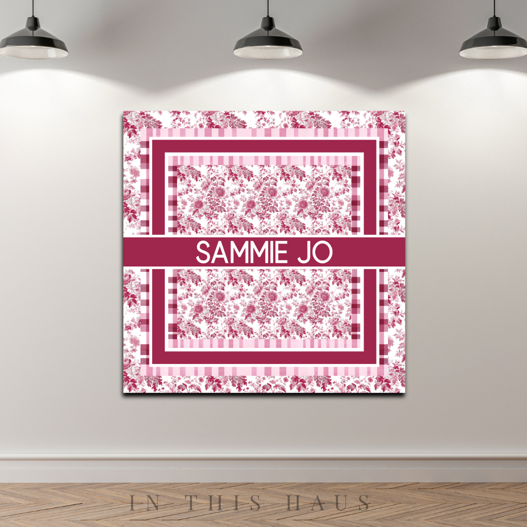 Soft, vintage-inspired design of the Sammie Jo Pink Toile Canvas for a nursery.