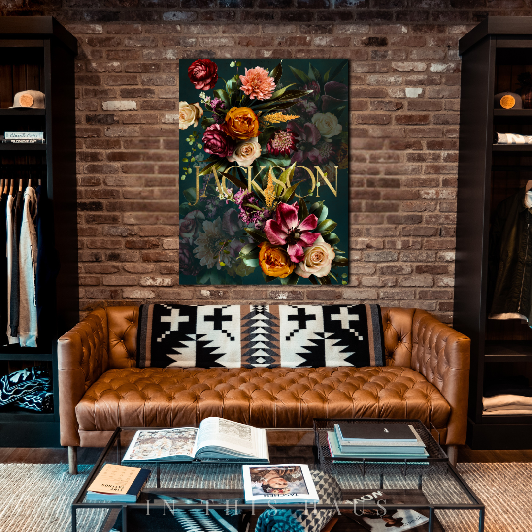 Dining area styled with the Personalized Floral Canvas, adding a bold and elegant touch.