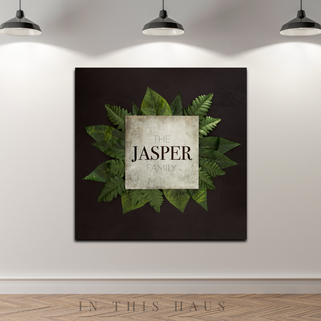 Dining room setup featuring the Jasper Greenery Canvas blending into natural decor.