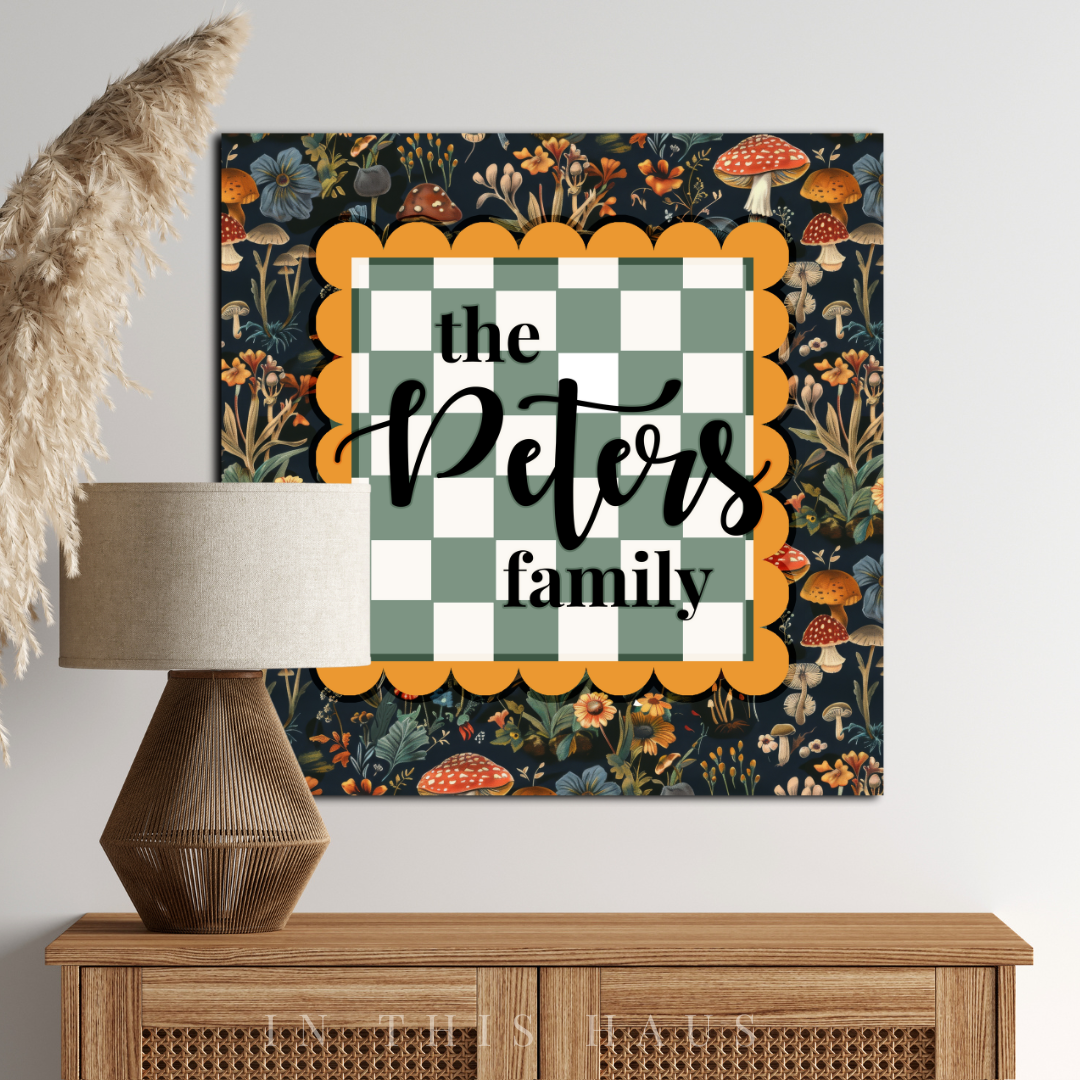 Personalized family plaque with floral mushroom pattern and green checkered design, customizable with family name.