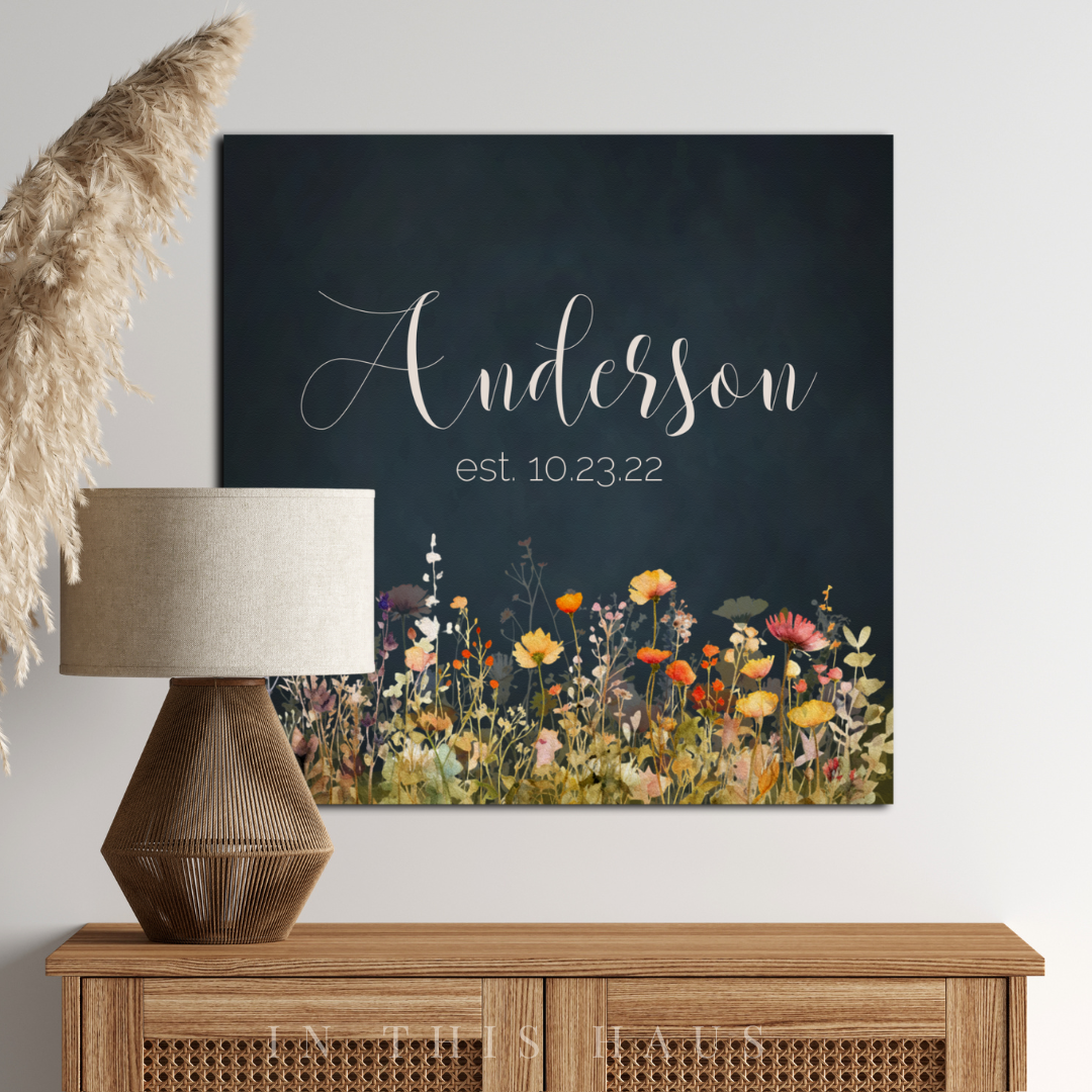 "Bedroom styled with the Personalized Wildflower Canvas for a serene and charming accent."